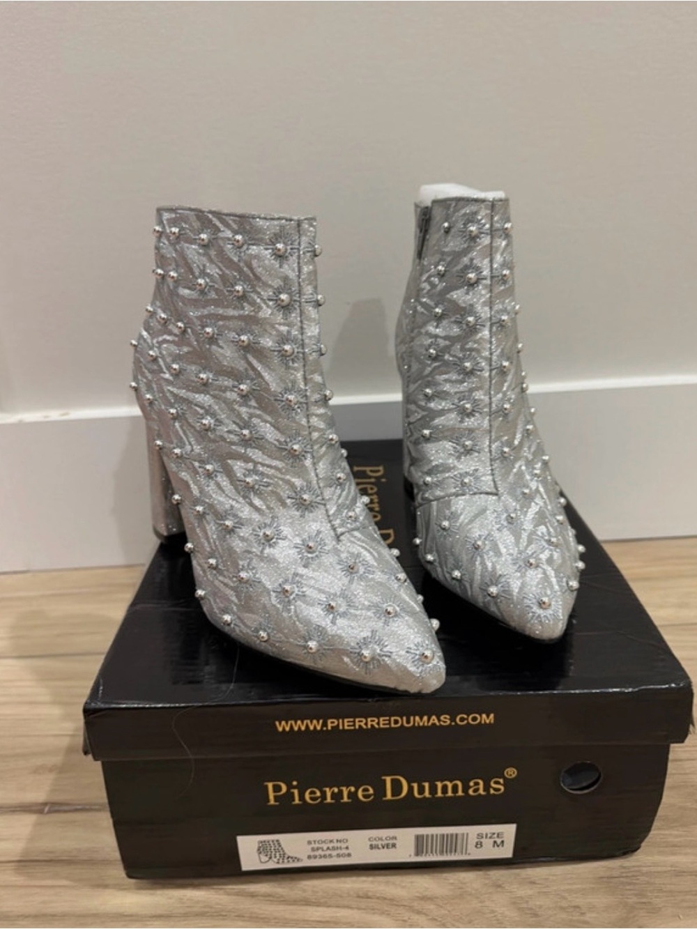 Pierre Dumas Silver Pearl-Embellished Pointed Ankle Boots